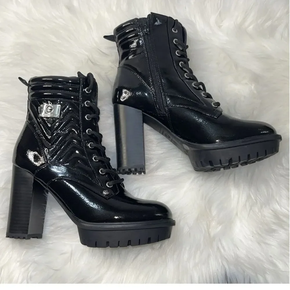 Guess women’s Lace Up Combat Patent Platforms Boots Quilted Chunky Block Heeled